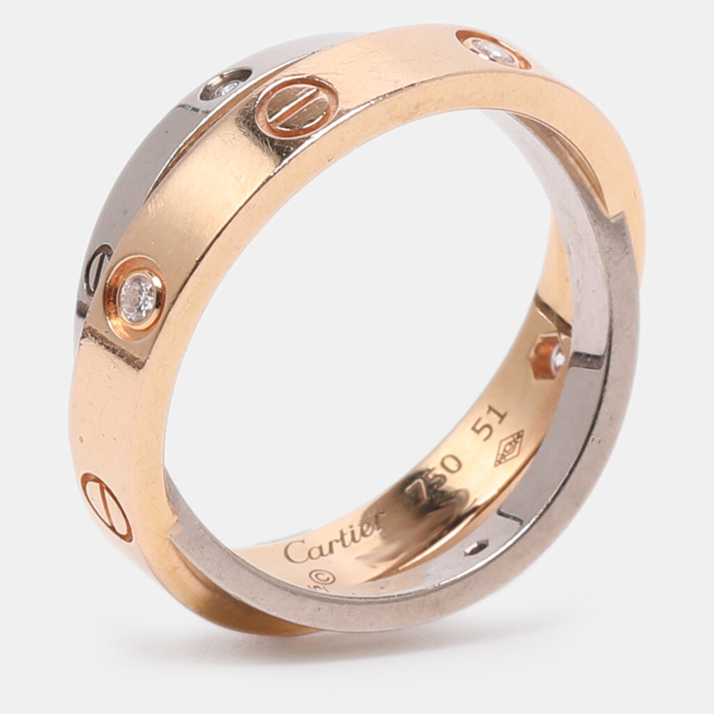 Cartier Love 2 Diamond 18K Rose Gold/White Gold Double Band Ring Size 51