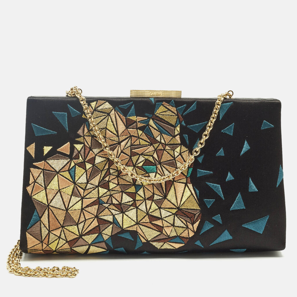 Cartier Black/Teal Satin and Leather Embroidered Panthere De Cartier Chain Clutch Cartier Black/Teal Satin and Leather Embroidered Panthere De Cartier Chain Clutch