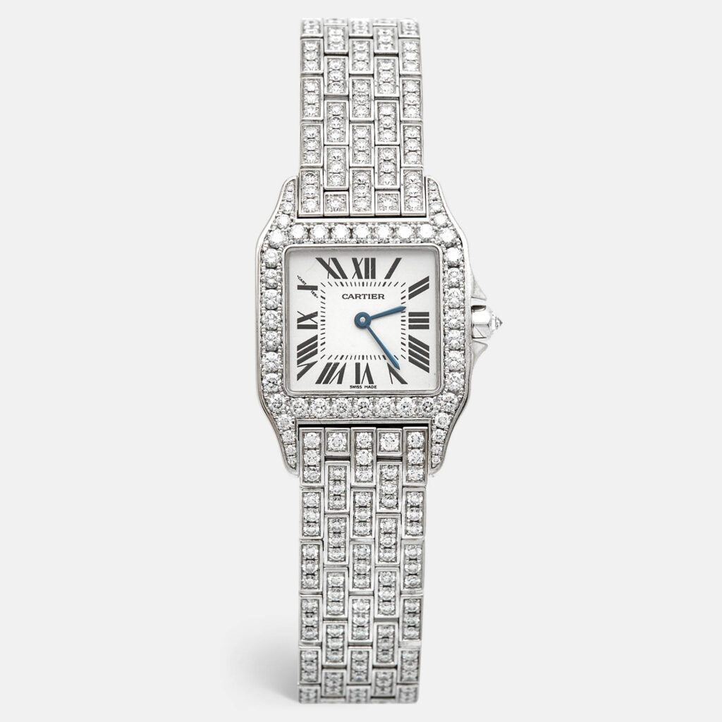 Cartier Silver 18k White Gold Diamond Santos Demoiselle WF9010YA Women's Wristwatch 26 mm Cartier Silver 18k White Gold Diamond Santos Demoiselle WF9010YA Women's Wristwatch 26 mm