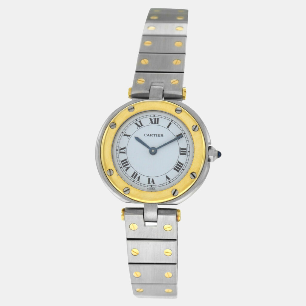 Cartier Santos Ronde 8191 Quartz White 18k Yellow Gold Stainless Steel Women's Wristwatch 27 mm