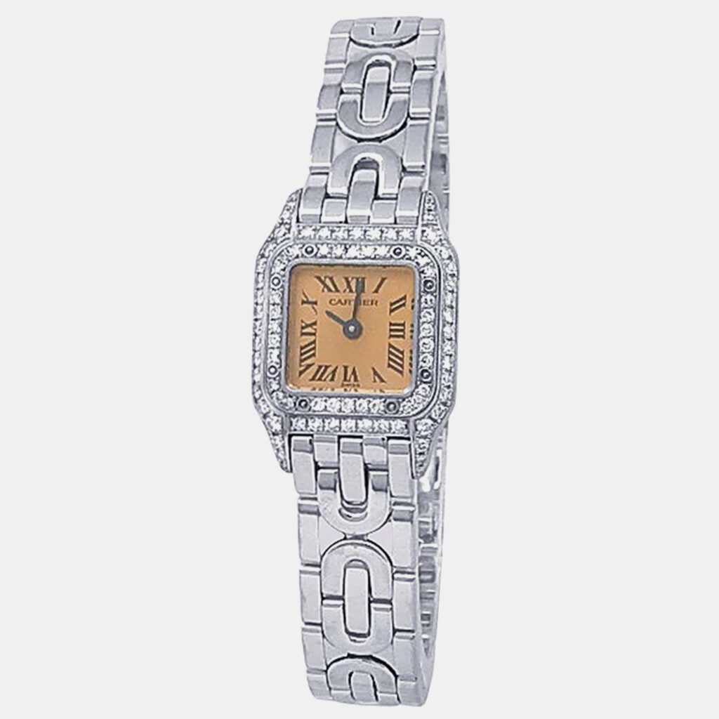 Cartier Panthere WF3206Q5 Quartz Salmon Dial 18k White Gold Diamond Women's Wristwatch 20mm