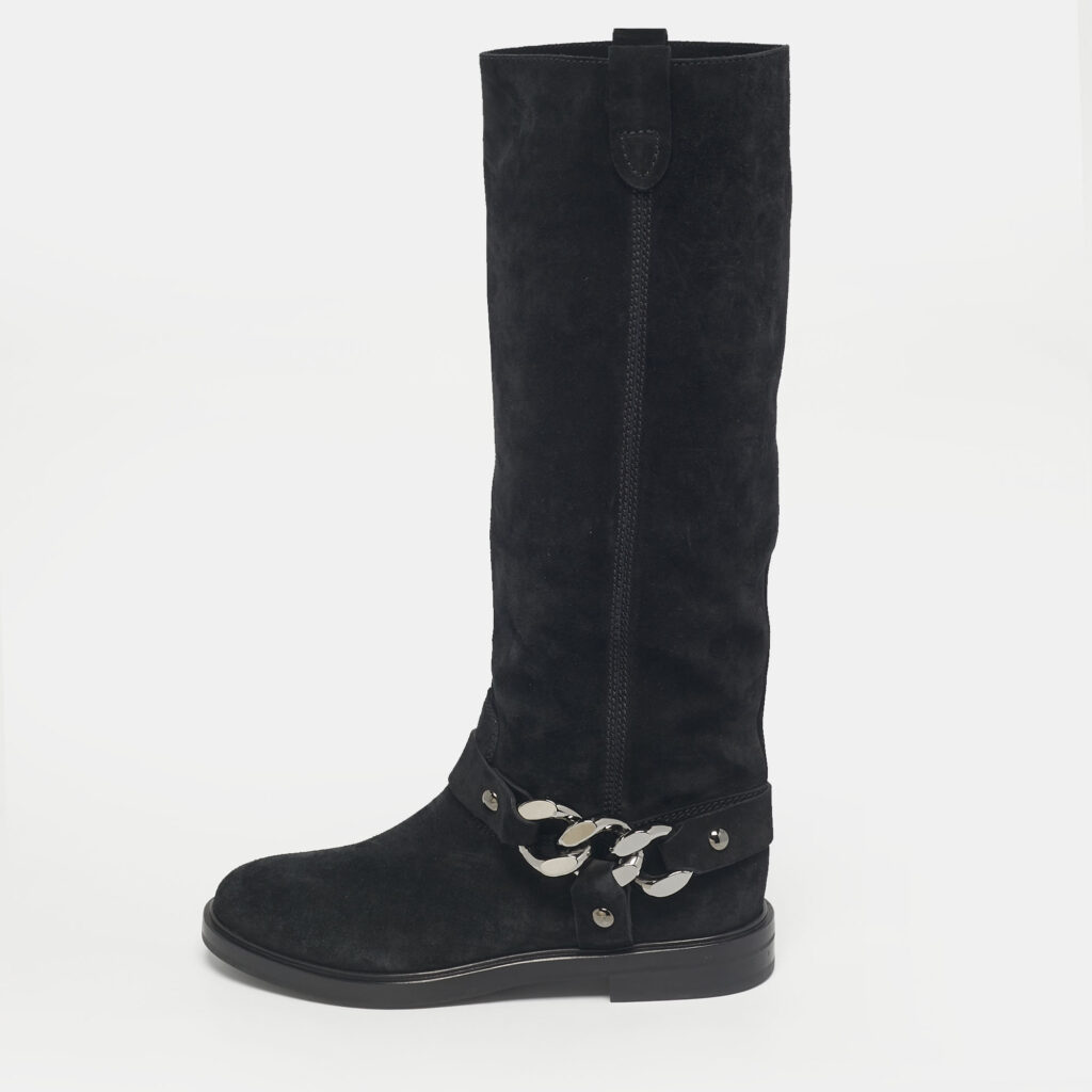 Casadei Black Suede Chain Detail Knee Length Boots Size 38.5