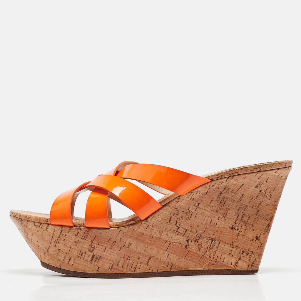 Casadei Orange Patent Leather Cork Platform Wedge Slide Sandals Size 41 Casadei Orange Patent Leather Cork Platform Wedge Slide Sandals Size 41