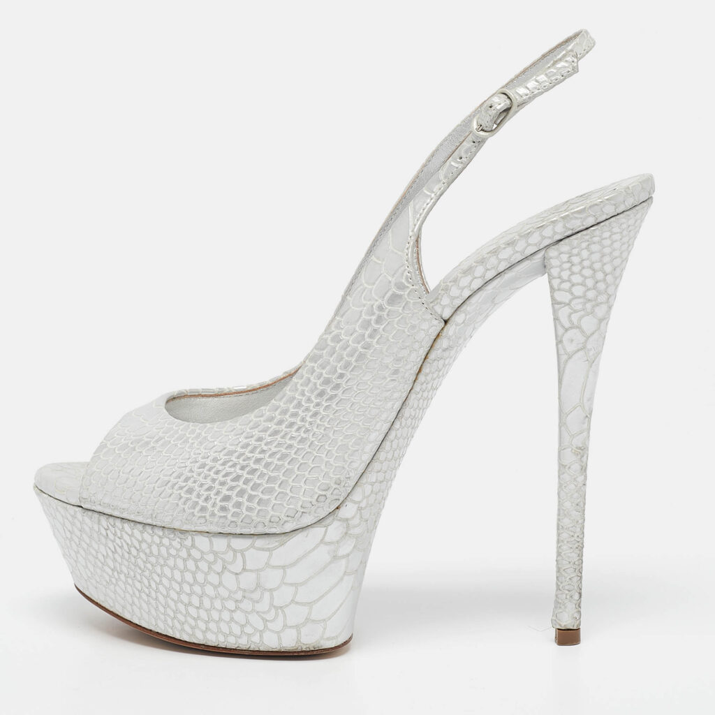Casadei Silver Python Embossed Leather Peep Toe Slingback Sandals Size 39 Casadei Silver Python Embossed Leather Peep Toe Slingback Sandals Size 39