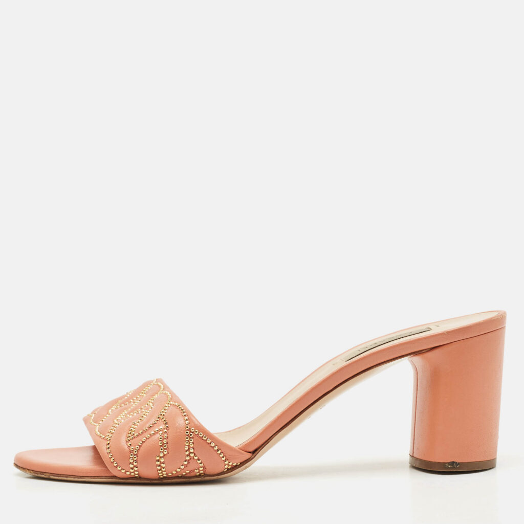 Casadei Peach Pink Leather Block Heel Studded Slide Sandals Size 41 Casadei Peach Pink Leather Block Heel Studded Slide Sandals Size 41