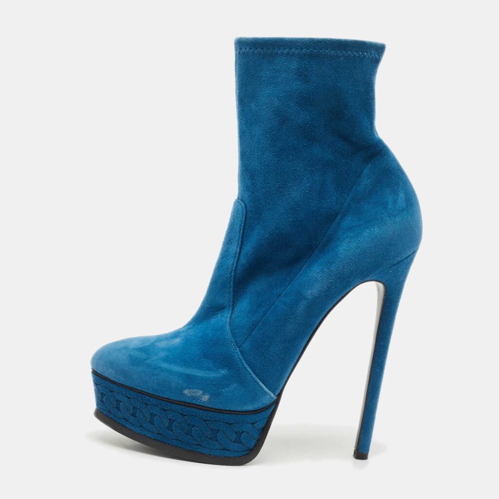 Casadei Blue Suede Chain Embossed Ankle Sock Boots Size 39.5 Casadei Blue Suede Chain Embossed Ankle Sock Boots Size 39.5
