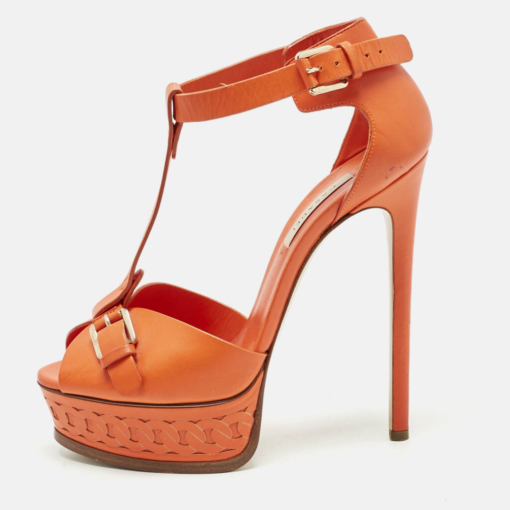 Casadei Orange Leather Platform Ankle Strap Sandals Size 38.5