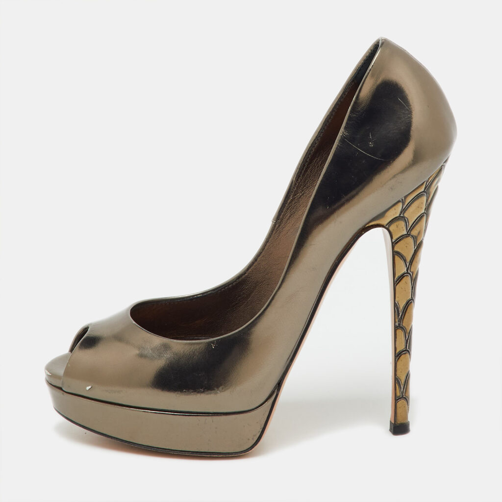 Casadei Dark Grey Leather Barbarella Platform Peep Toe Pumps Size 37.5 Casadei Dark Grey Leather Barbarella Platform Peep Toe Pumps Size 37.5