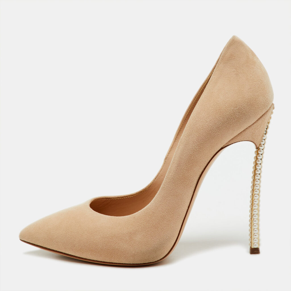 Casadei Beige Suede Pearl Embellished Heel Pointed Toe Pumps Size 37.5 Casadei Beige Suede Pearl Embellished Heel Pointed Toe Pumps Size 37.5