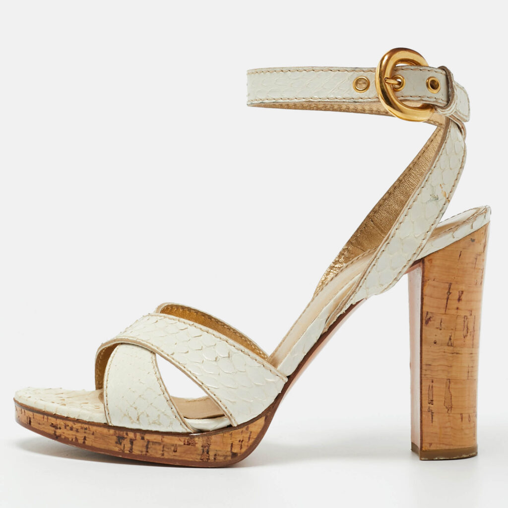 Casadei White Python Embossed Leather Crisscross Ankle Wtrap Sandals Size 37.5