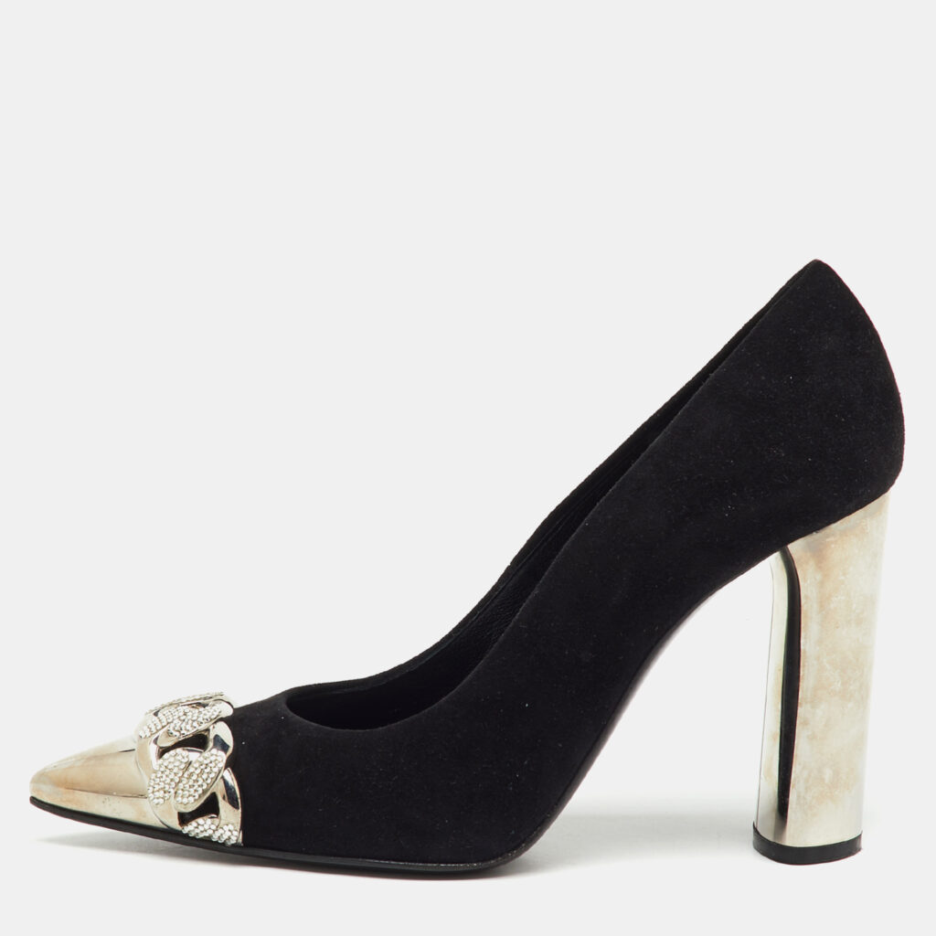Casadei Black Suede Pointed Toe Crystal Chain Link Pumps Size 37
