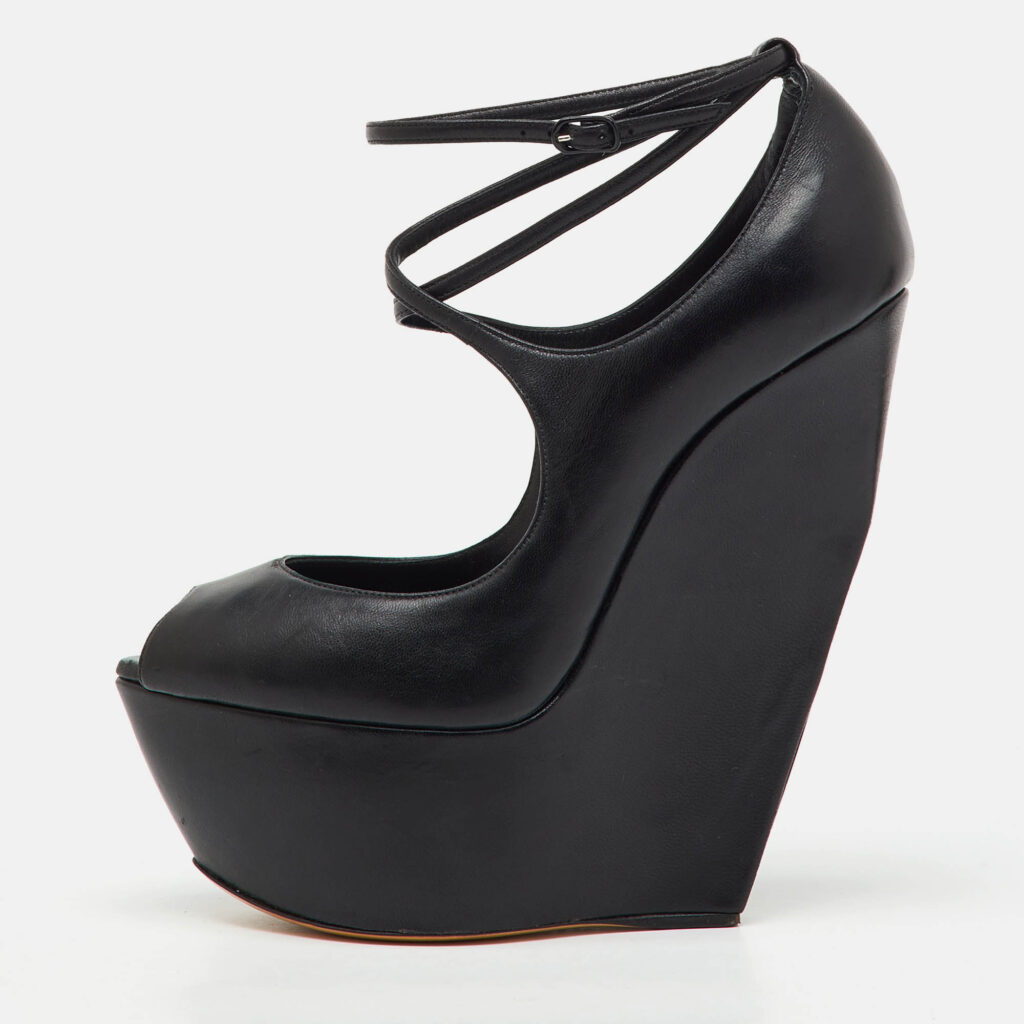 Casadei Black Leather Platform Wedge Pumps Size 38.5 Casadei Black Leather Platform Wedge Pumps Size 38.5