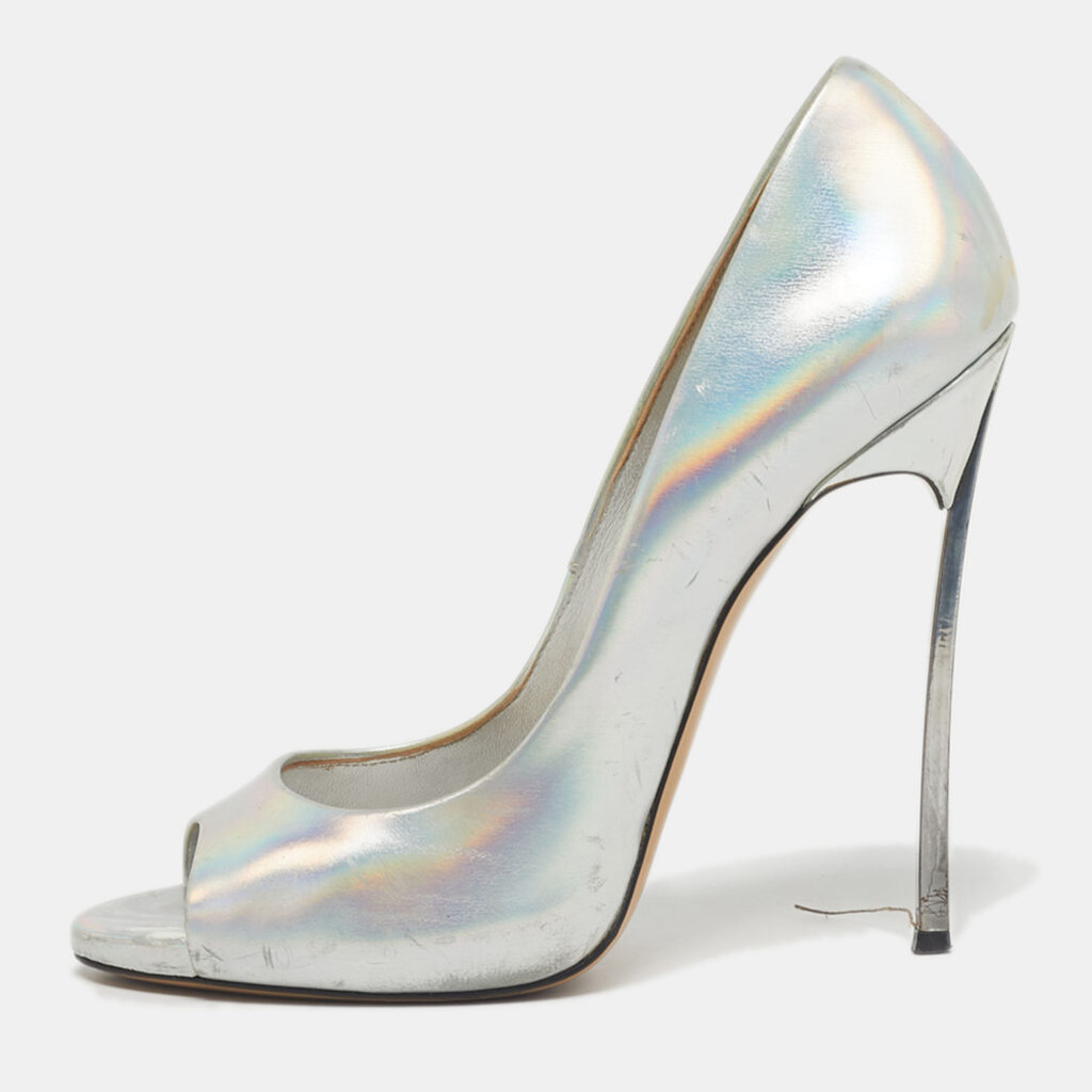 Casadei Silver Leather Peep Toe Pumps Size 39 Casadei Silver Leather Peep Toe Pumps Size 39