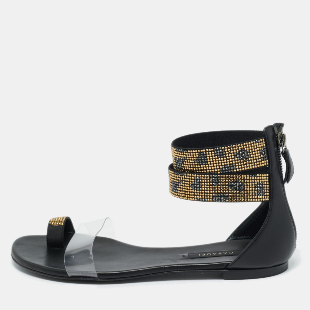 Casadei Black Leather and PVC Crystal Embellished Flat Sandals Size 38 Casadei Black Leather and PVC Crystal Embellished Flat Sandals Size 38
