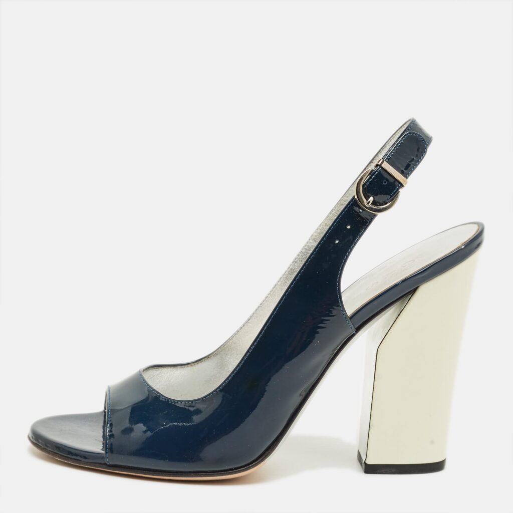 Casadei Navy Blue Patent Leather Open Toe Slingback Pumps Size 38 Casadei Navy Blue Patent Leather Open Toe Slingback Pumps Size 38