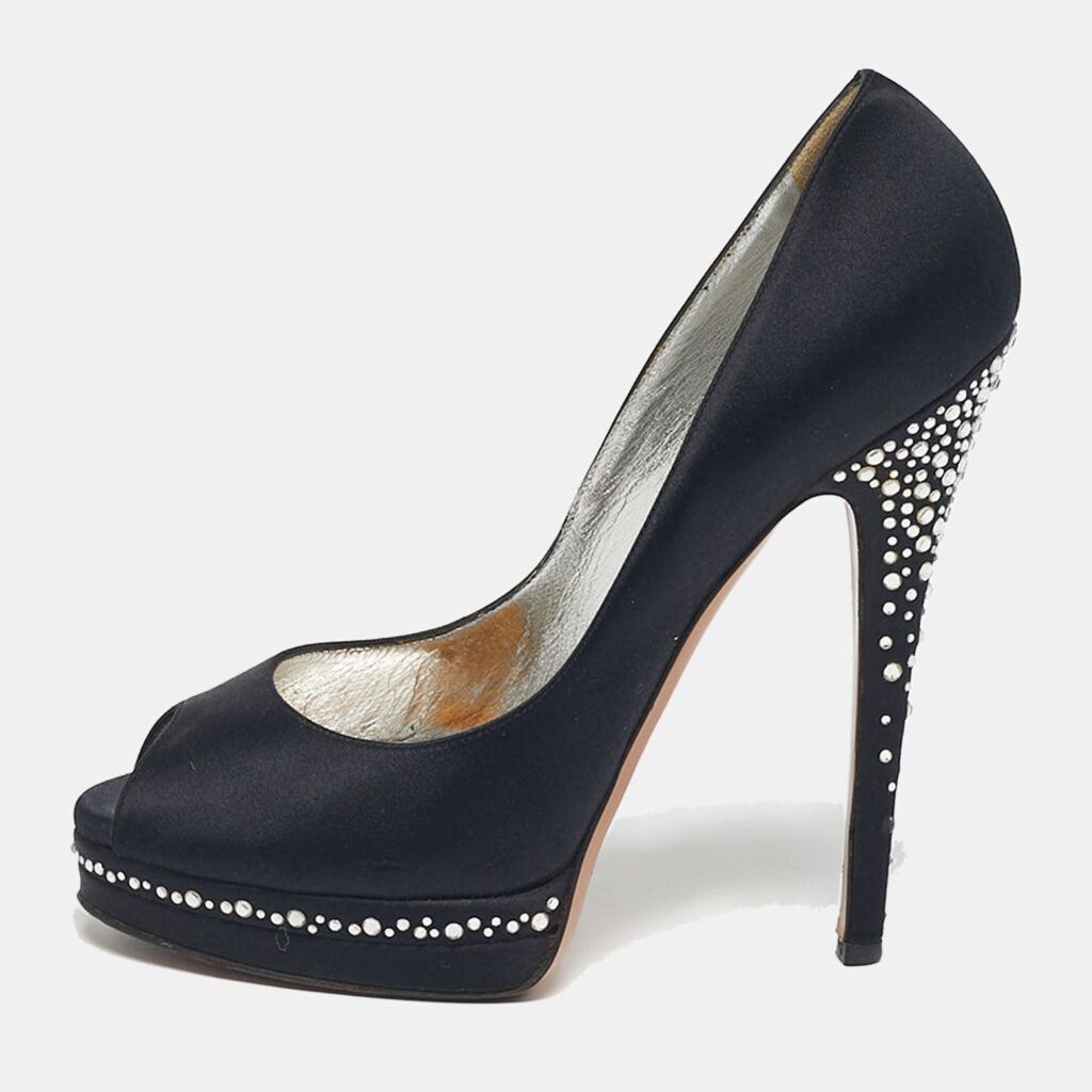 Casadei Black Satin Crystal Embellished Peep Toe Pumps Size 37.5 Casadei Black Satin Crystal Embellished Peep Toe Pumps Size 37.5