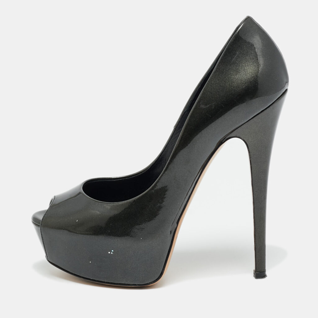 Casadei Size 36 Metallic Grey Patent Leather Peep Toe Pumps