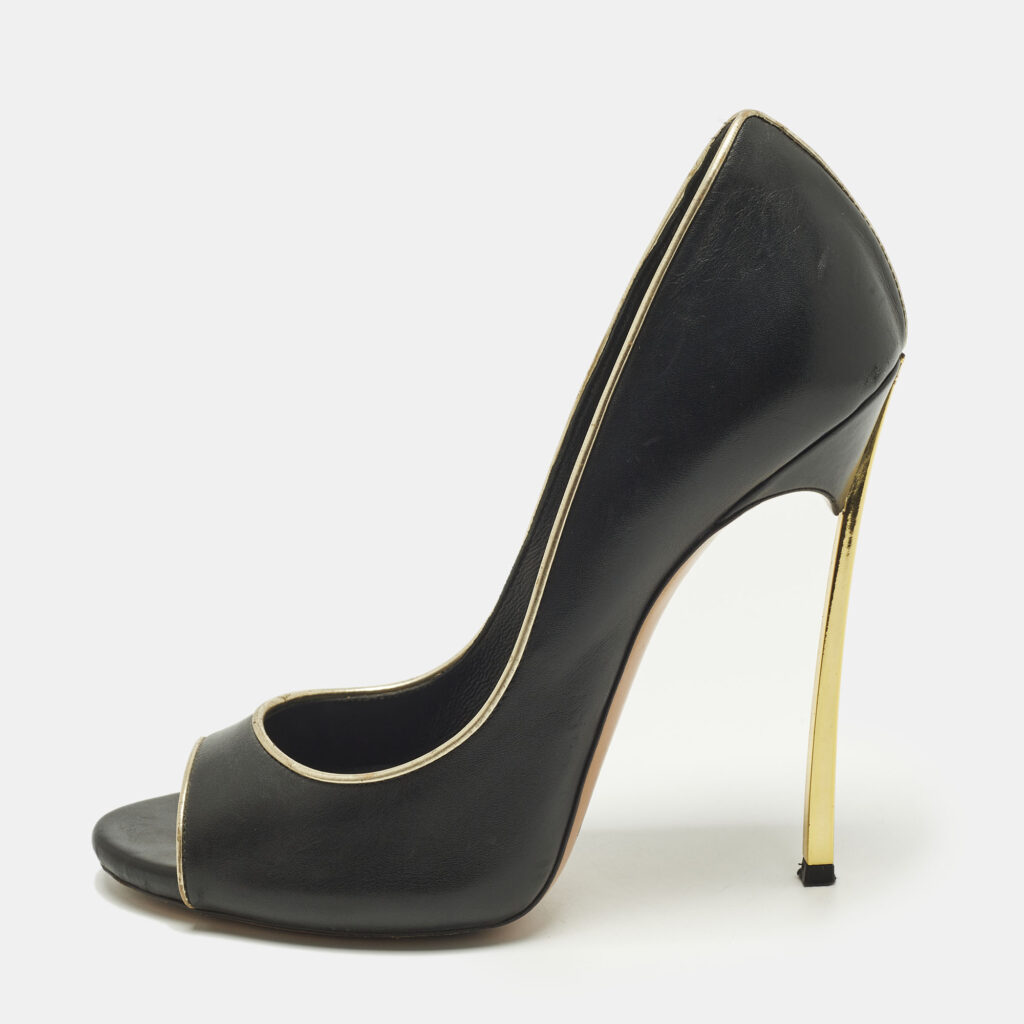 Casadei Blade Size 38 Black/Gold Leather Peep Toe Pumps Casadei Blade Size 38 Black/Gold Leather Peep Toe Pumps
