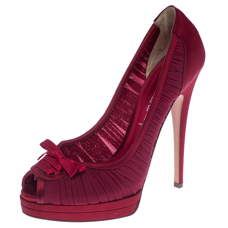 Casadei Red Satin Bow Peep Toe Pumps Size 38.5 Casadei Red Satin Bow Peep Toe Pumps Size 38.5