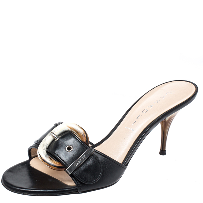 CasadeI Black Leather Buckle Detail Slide Sandals Size 37.5 CasadeI Black Leather Buckle Detail Slide Sandals Size 37.5