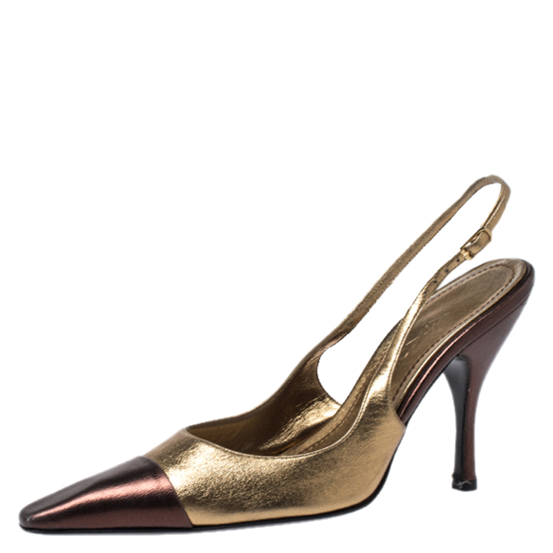 Casadei Metallic Gold/Brown Leather Pointed Toe Slingback Sandals Size 37.5 Casadei Metallic Gold/Brown Leather Pointed Toe Slingback Sandals Size 37.5