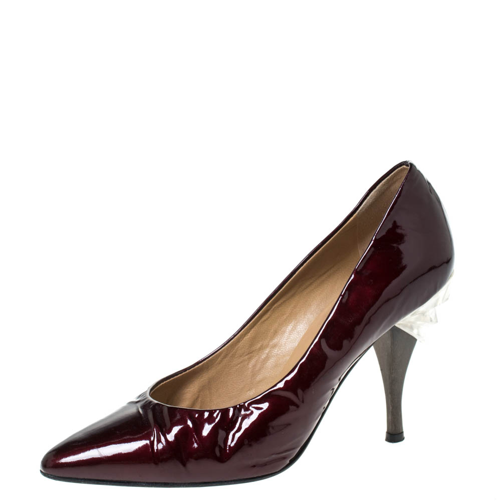 Casadei Burgundy Patent Leather Pointed Toe Embellished Heel Pumps Size 38 Casadei Burgundy Patent Leather Pointed Toe Embellished Heel Pumps Size 38