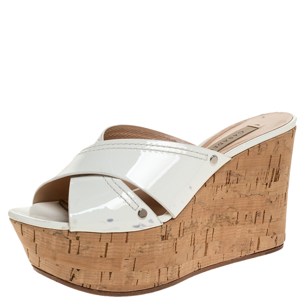 Casadei White Criss Cross Patent Leather Cork Wedge Sandals Size 35 Casadei White Criss Cross Patent Leather Cork Wedge Sandals Size 35