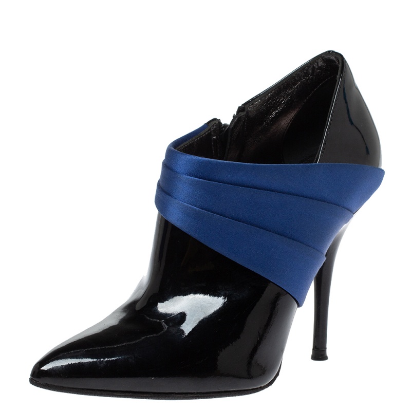 Casadei Black/Blue Pleated Satin and Patent Leather Ankle Booties Size 35 Casadei Black/Blue Pleated Satin and Patent Leather Ankle Booties Size 35