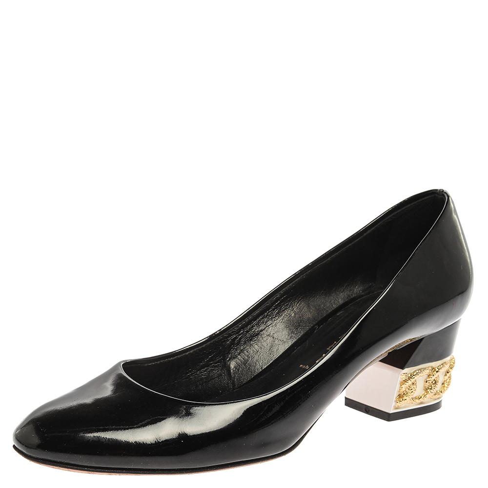 Casadei Black Patent Leather Chain Embellished Block Heel Pumps Size 37 Casadei Black Patent Leather Chain Embellished Block Heel Pumps Size 37