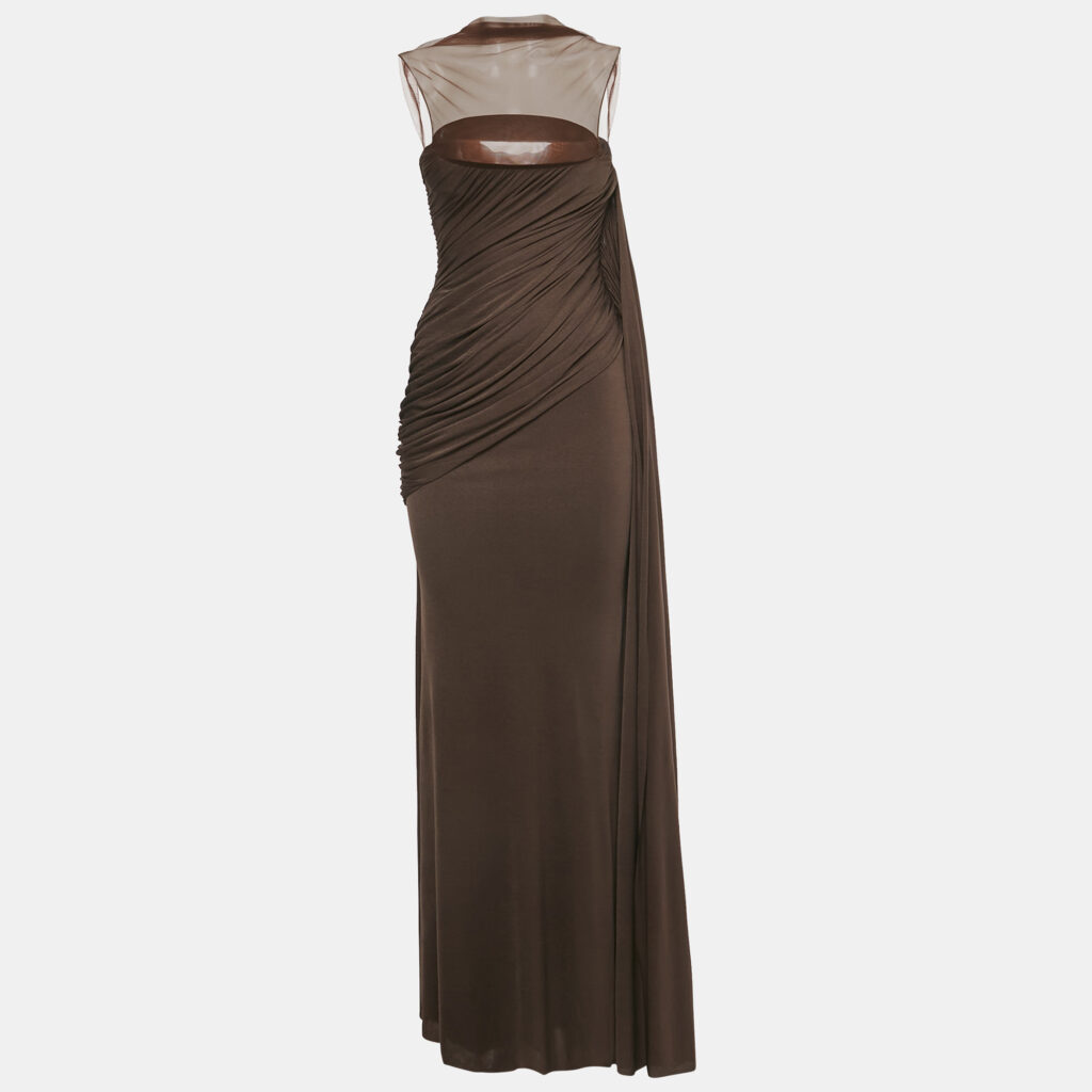 C.Dam Brown Jersey and Tulle Metallic Cup Disa Dress S