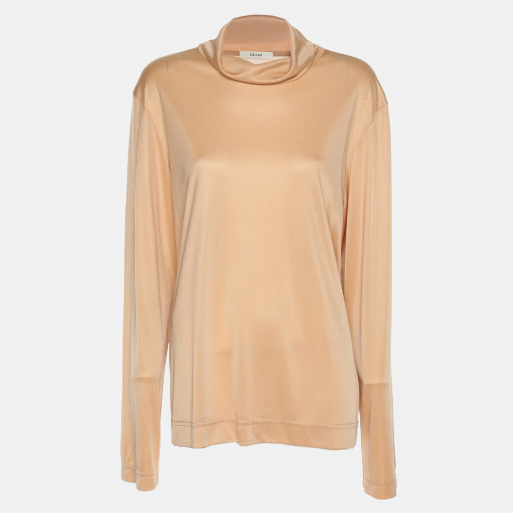 Celine Beige Stretch Knit High Neck Top M