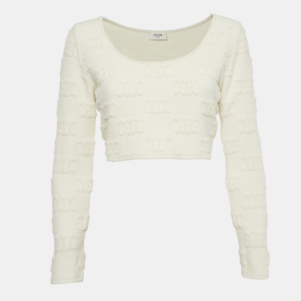Celine Cream Triomphe Terry Cotton Cropped Jumper M