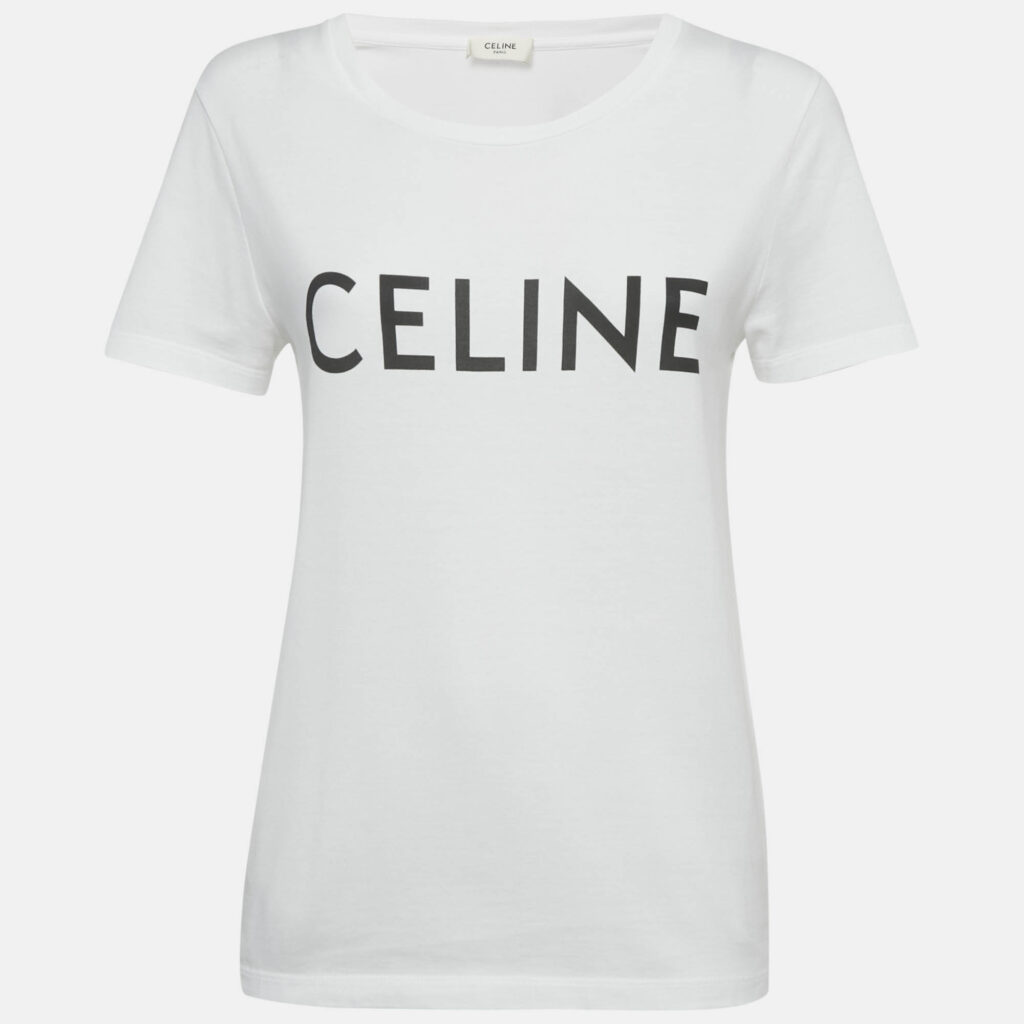 Celine White Logo Print Cotton T-Shirt M