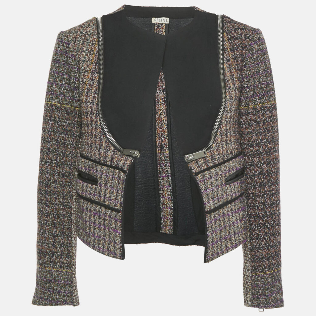 Celine Multicolor Tweed Zip Detail Open Front Jacket M Celine Multicolor Tweed Zip Detail Open Front Jacket M