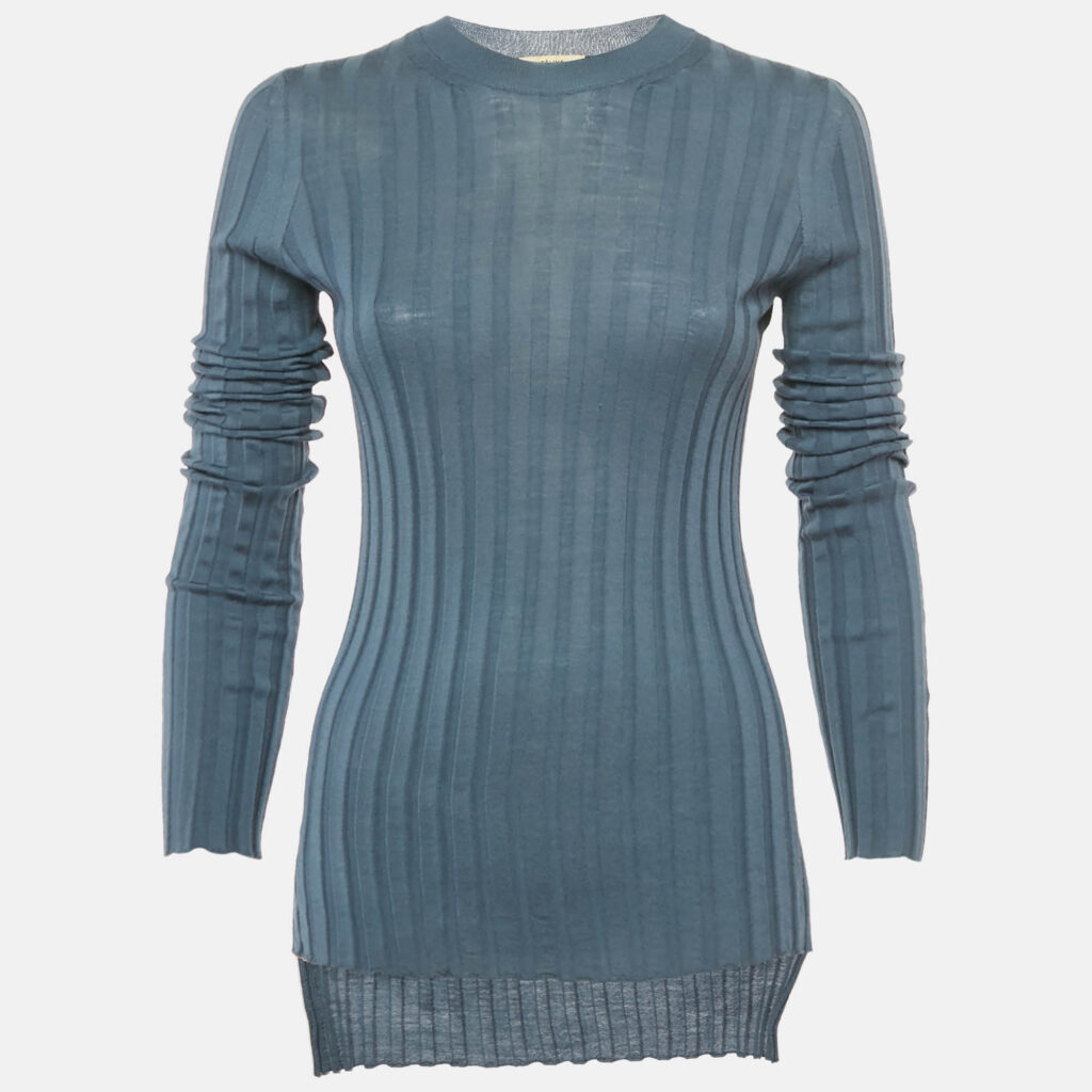 Celine Blue Wool Rib Knit Full Sleeve Top S Celine Blue Wool Rib Knit Full Sleeve Top S