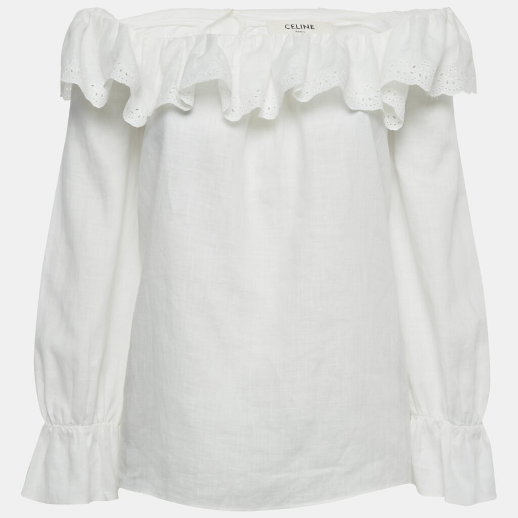 Celine White Cotton & Ramie Eyelet Frill Detail Prairie Blouse M