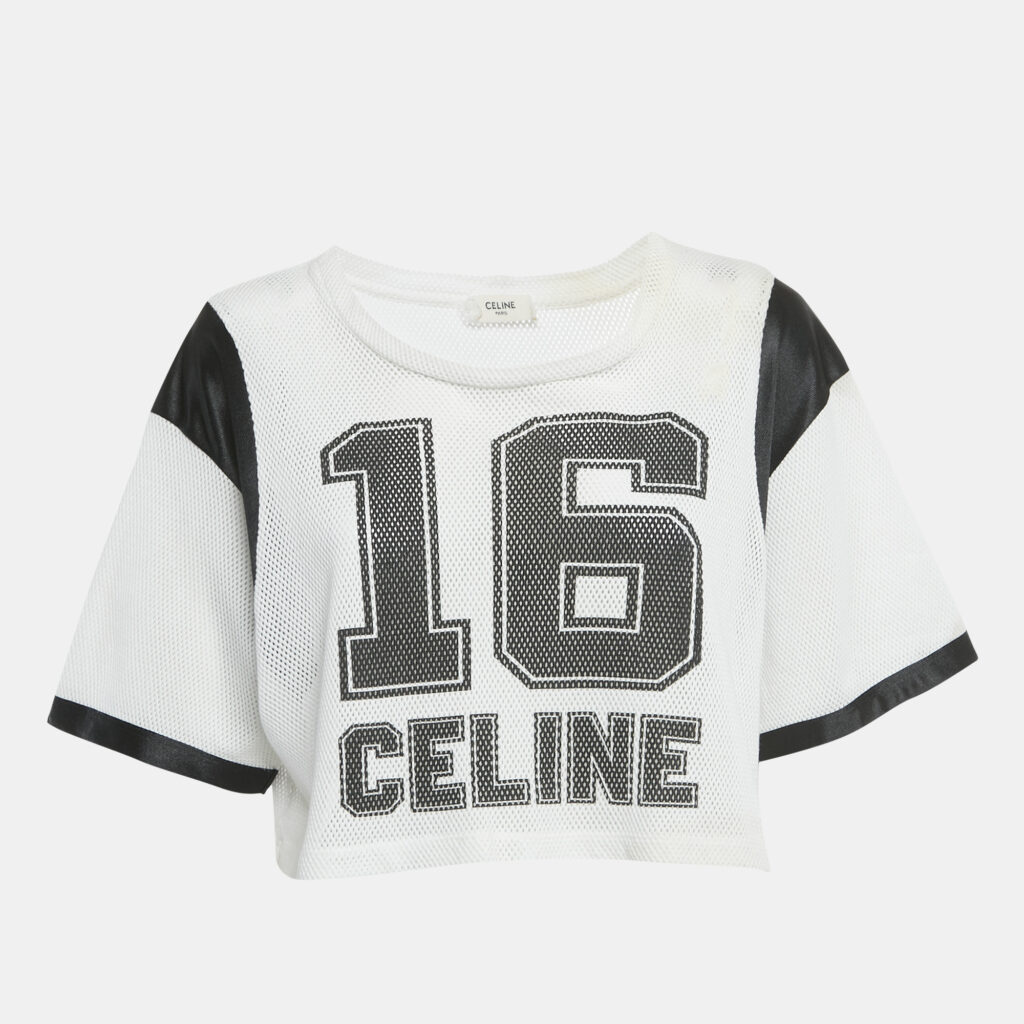 Celine White Printed Mesh Jersey Crop Top S Celine White Printed Mesh Jersey Crop Top S