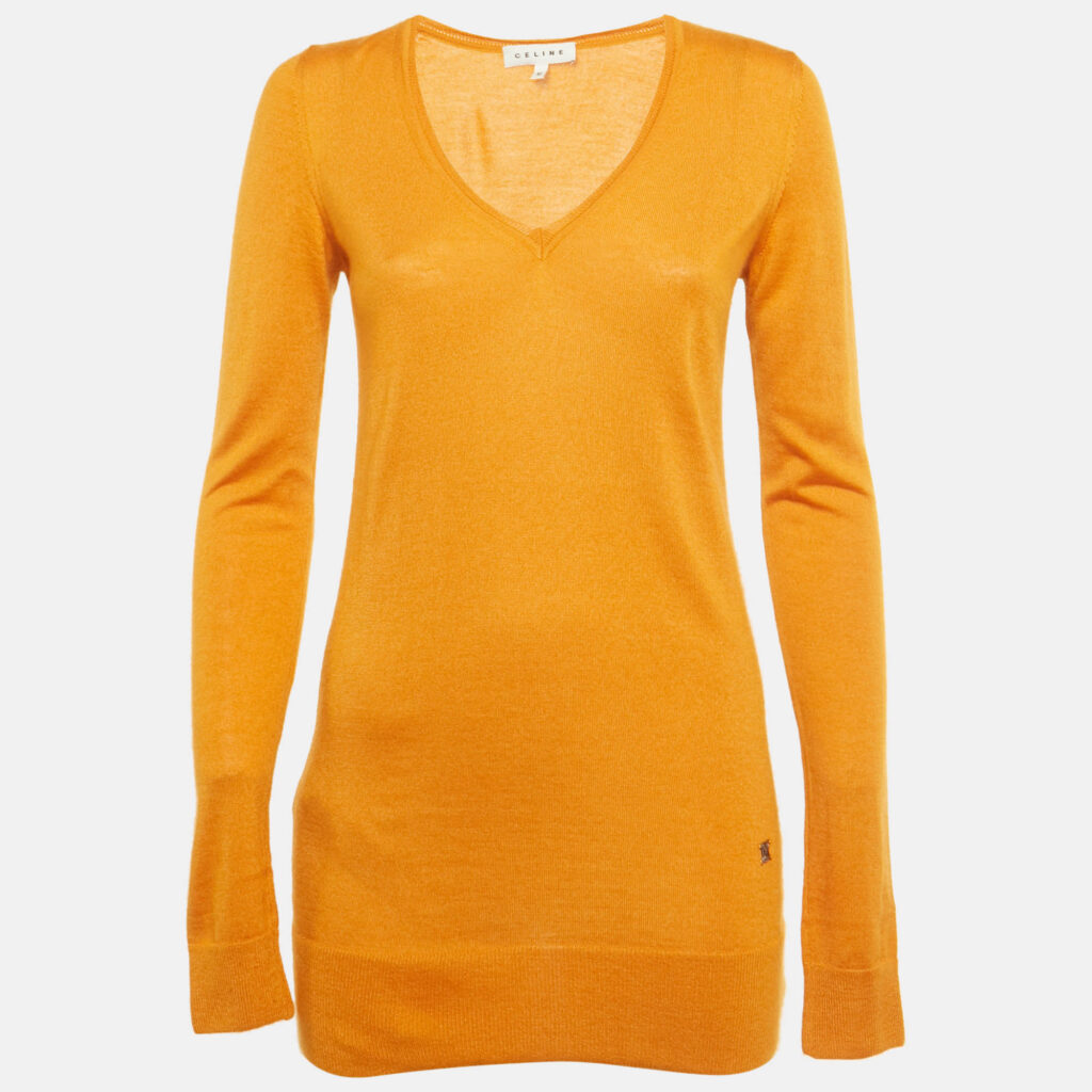 Celine Orange Cashmere Knit V-Neck Sweater M
