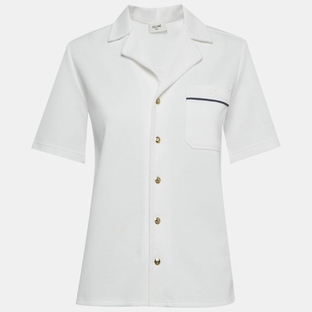 Celine White Cotton Button Front Short Sleeve Shirt S