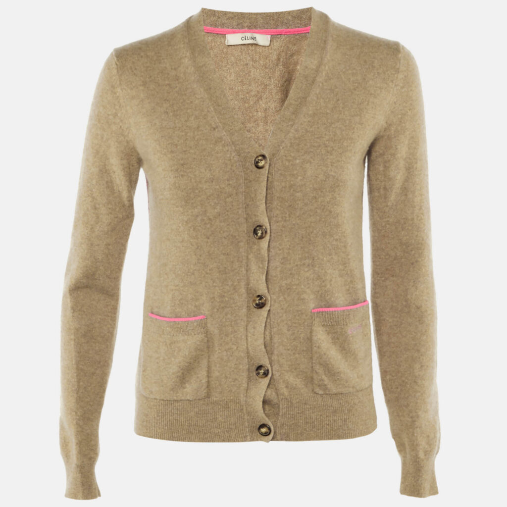 Celine Tan Brown Logo Embroidered Cashmere Cardigan S Celine Tan Brown Logo Embroidered Cashmere Cardigan S