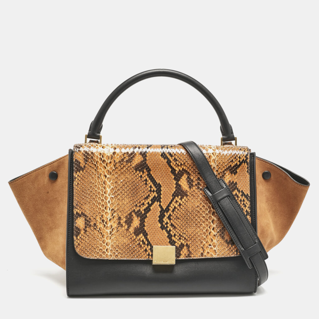 Celine Orange/Black Python, Leather and Suede Medium Trapeze Top Handle Bag