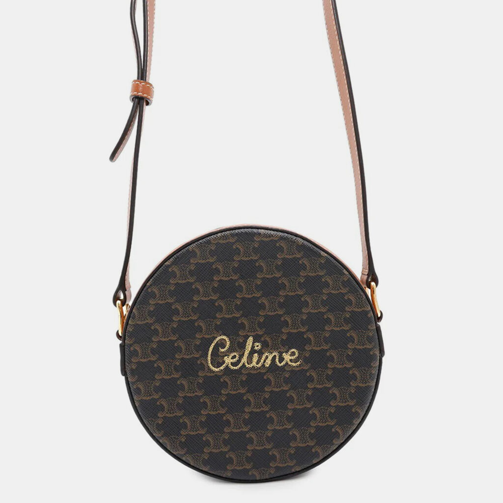 Celine Triomphe Round Tan PVC Coated Canvas Shoulder Bag Celine Triomphe Round Tan PVC Coated Canvas Shoulder Bag