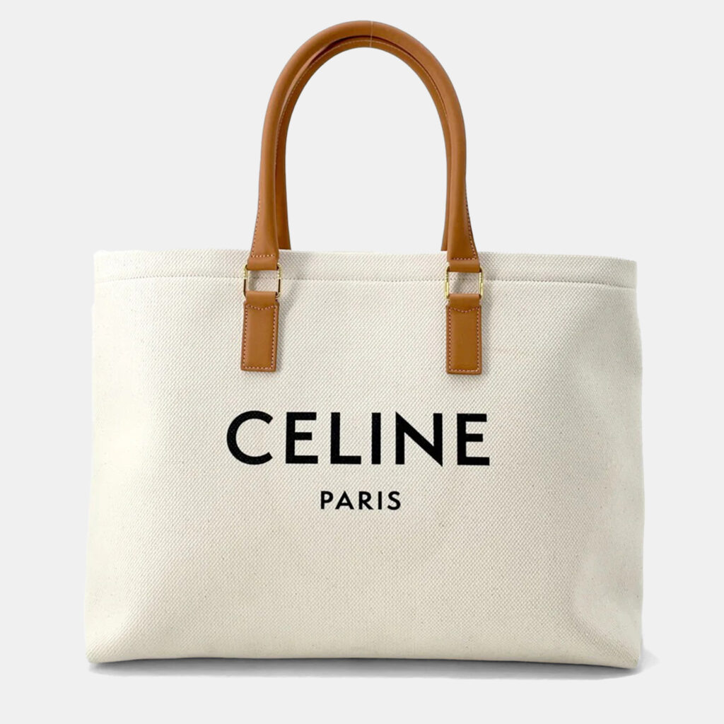 Celine Horizontal Cabas White/Brown Canvas Leather Tote Bag