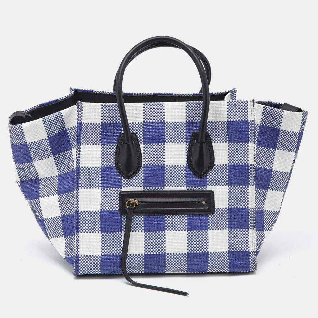 Celine Purple/White Gingham Woven Straw Medium Phantom Luggage Tote Celine Purple/White Gingham Woven Straw Medium Phantom Luggage Tote