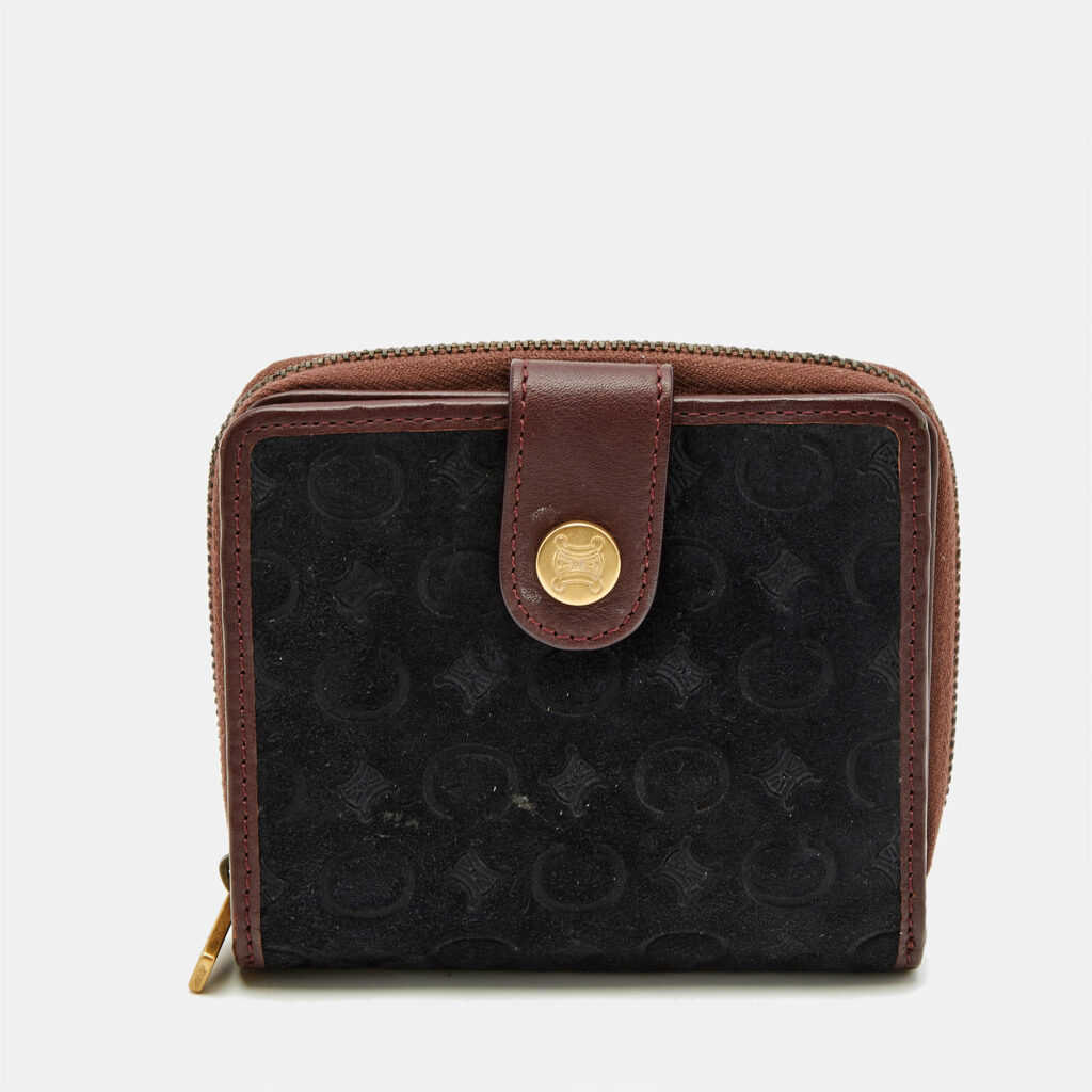 Celine Black/Burgundy Macadam Suede and Leather Zip Around Compact Wallet