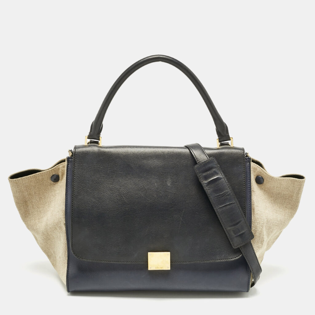 luxury-women-celine-used-handbags-p1186747-020-1.jpg Celine Tricolor Leather and Canvas Medium Trapeze Top Handle Bag