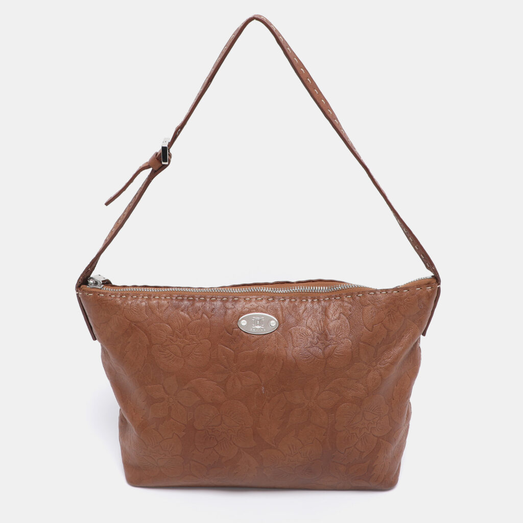 Celine Brown Floral Embossed Leather Vintage Shoulder Bag