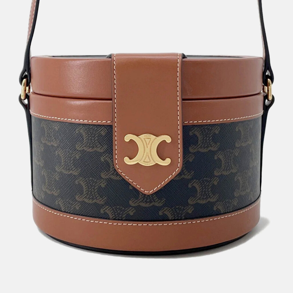 Celine Tambour Triomphe Medium Tan Canvas Leather Shoulder Bag Celine Tambour Triomphe Medium Tan Canvas Leather Shoulder Bag