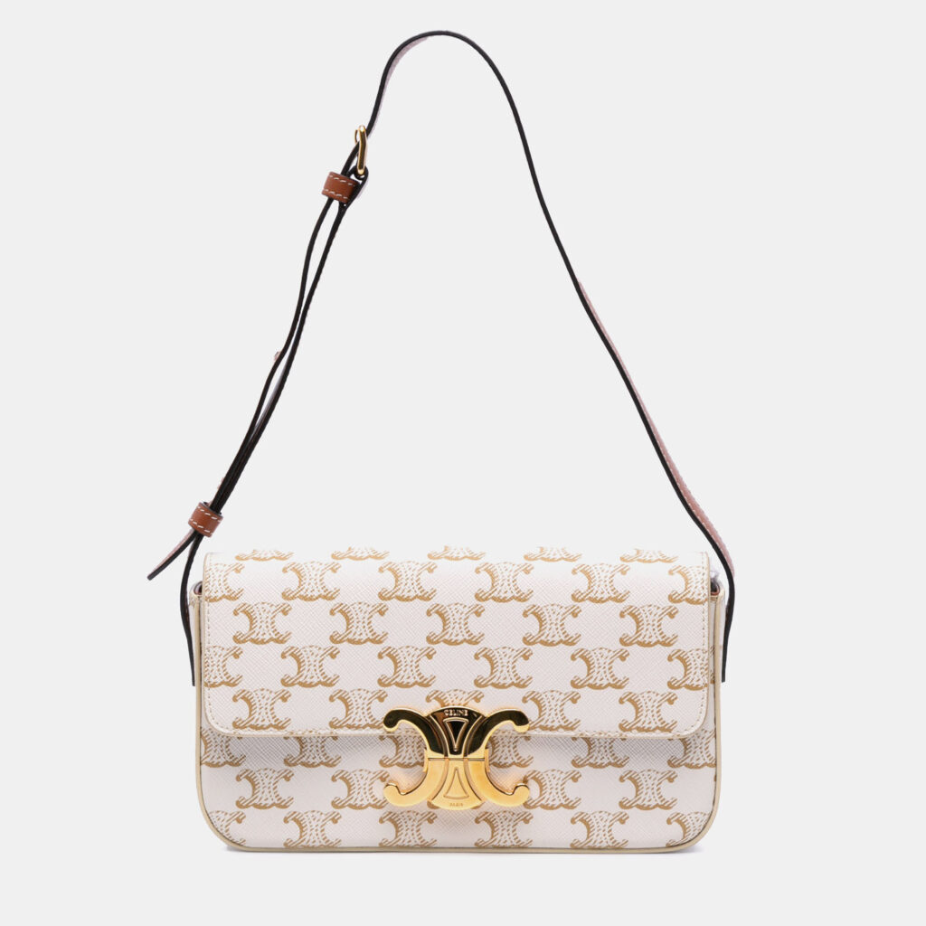 Celine White Triomphe Coated Canvas Claude Shoulder Bag