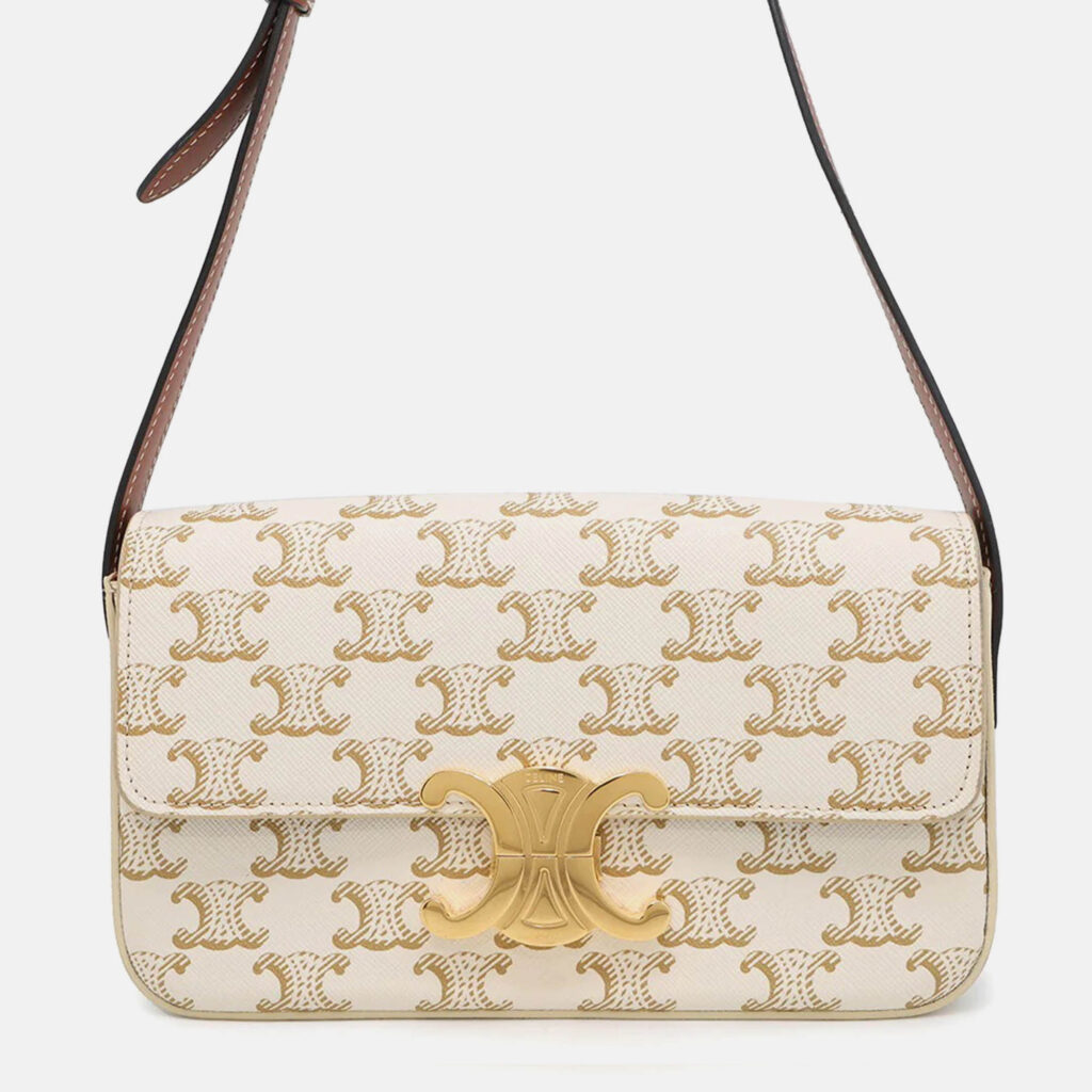 Celine Claude Triomphe One Shoulder Bag White PVC Calf Leather Celine Claude Triomphe One Shoulder Bag White PVC Calf Leather